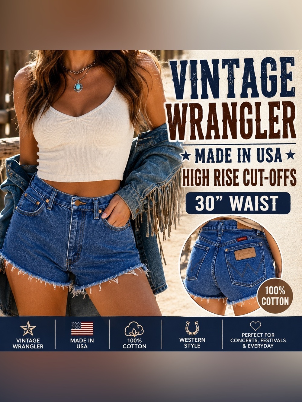 Vintage Wrangler USA Made High Rise Cut Off Denim Shorts 29 Waist